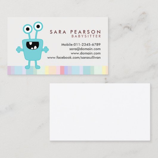 Babysitter Cute Cyan Monster Alien Business Card 名刺 (正面/裏面)