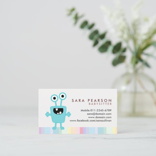 Babysitter Cute Cyan Monster Alien Business Card 名刺 (スタンド正面)