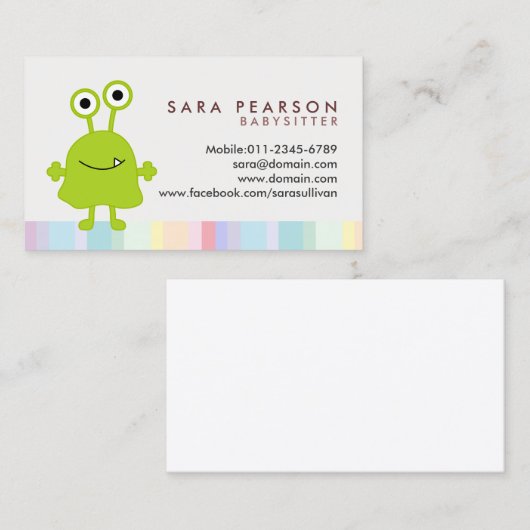 Babysitter Cute Green Monster Alien Business Card 名刺 (正面/裏面)