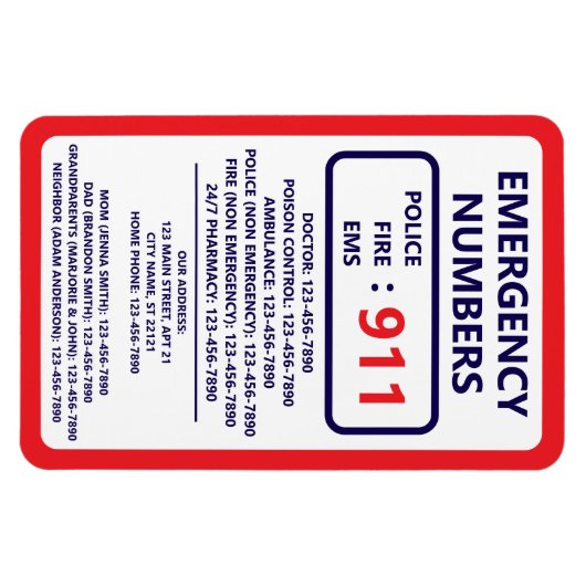 Babysitter Emergency Numbers List Contact Info マグネット (横)