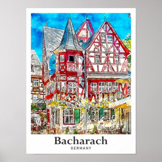 Bacharachドイツ旅行水の色の手描き ポスター (正面)