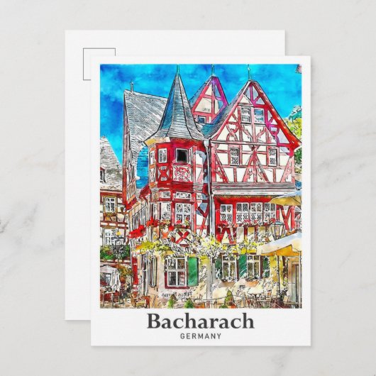Bacharachドイツ旅行水の色の手描き ポストカード (正面/裏面)
