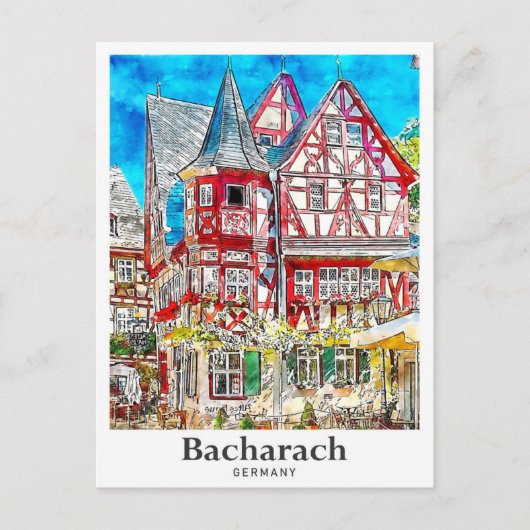 Bacharachドイツ旅行水の色の手描き ポストカード (正面)