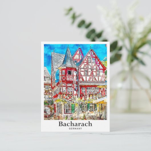Bacharachドイツ旅行水の色の手描き ポストカード (スタンド正面)