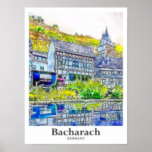 Bacharachドイツ芸術旅行水の色の手書き ポスター