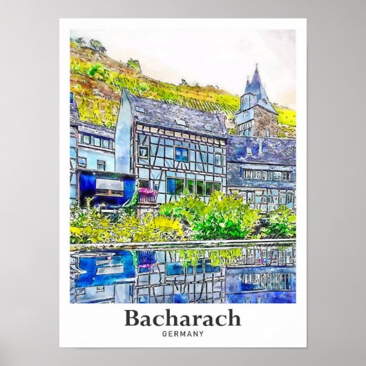 Bacharachドイツ芸術旅行水の色の手書き ポスター (正面)