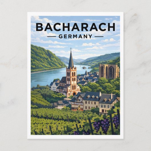 Bacharach Germany Vintage Travel Art Postcard ポストカード (正面)