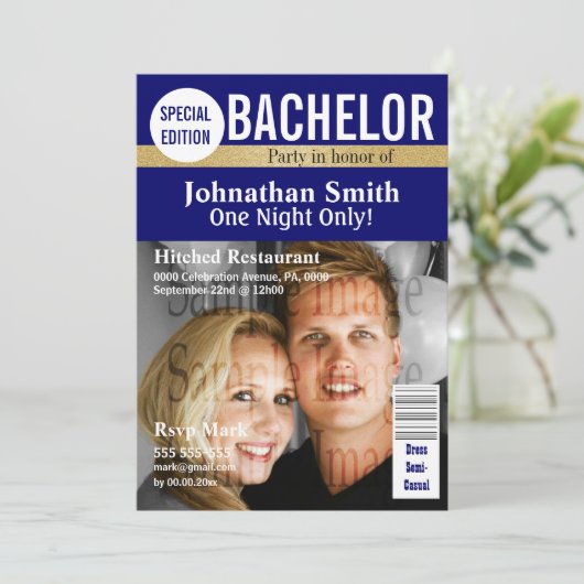 『Bachelor』誌の表紙風スタグフォト招待状 招待状 (スタンド正面)