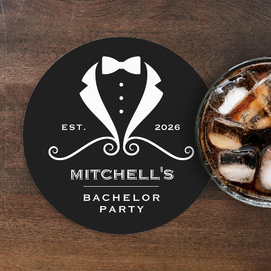Bachelor Party Tuxedo Suit Bowtie Black Wedding ラウンドペーパーコースター