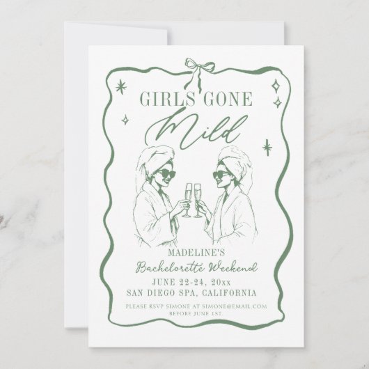 Bachelorette Girls Gone Mild Green Bow Itinerary 招待状 (正面)