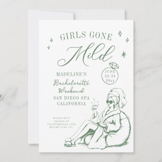 Bachelorette Girls Gone Mild Script Green Drawn 招待状 (正面)