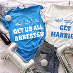 Bachelorette Most Likely To Get Us All Arrested トライブレンドＴシャツ<br><div class="desc">Bring some playful mischief to the celebration with this bold and hilarious t-shirt design! Featuring the memorable phrase "most likely to GET US ALL ARRESTED" in striking white text against a vibrant blue background, this design is sure to spark laughter and camaraderie. It's the perfect statement piece for a bachelorette...</div>