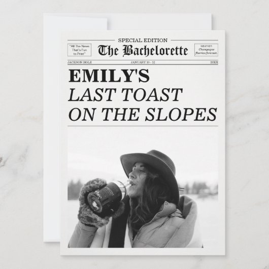 Bachelorette Newspaper Last Toast On The Slopes  招待状 (正面)
