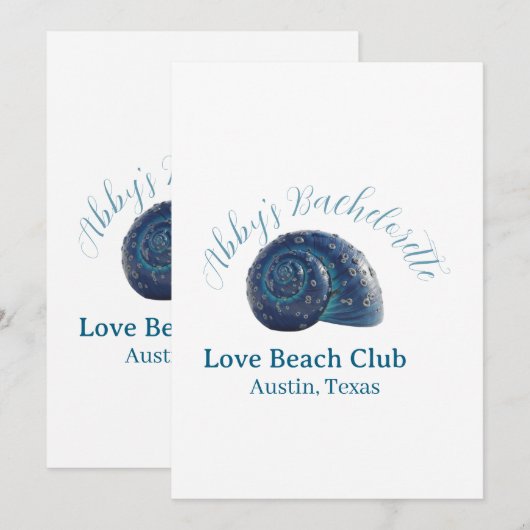 Bachelorette party beach club blue sea shell name  招待状 (正面/裏面)