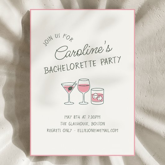 Bachelorette Party Cocktail Pink Illustration Cute 招待状