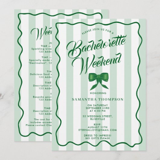 Bachelorette Party Itinerary Bach Weekend Bow 招待状 (正面/裏面)