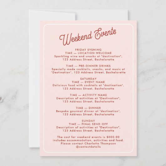 Bachelorette Party Itinerary Bach Weekend Retro 招待状 (裏面)
