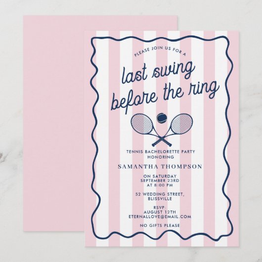 Bachelorette Party Tennis Bach Retro Stripes Pink 招待状 (正面/裏面)
