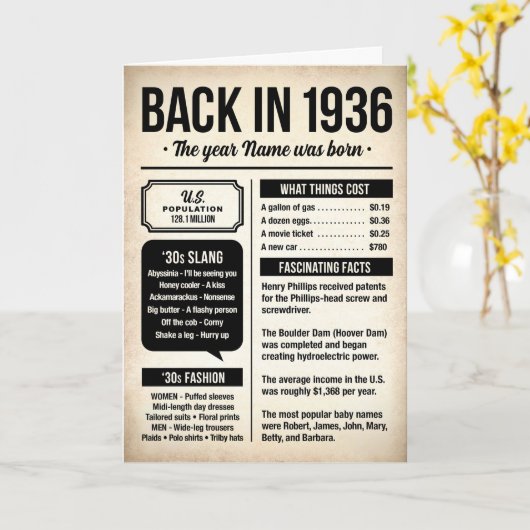 Back in 1936, 90th Birthday Card, Custom Name カード (黄色い花)