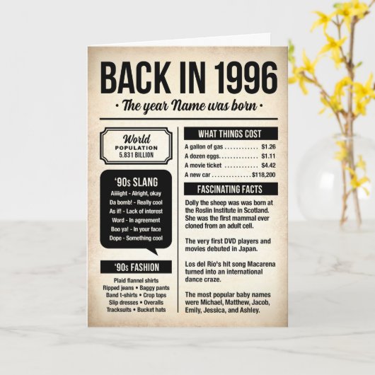 Back in 1996, 30th Birthday Fun Facts Card カード (黄色い花)