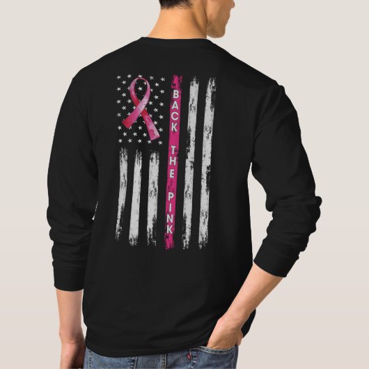 Back The Pink Ribbon American Flag Breast Cancer T Tシャツ (裏面)