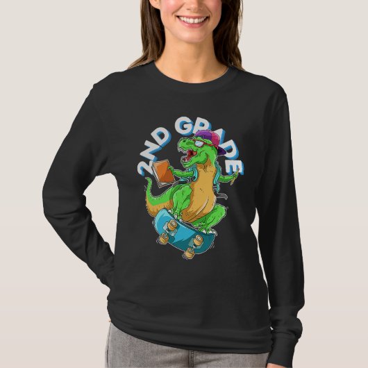 Back to School 2nd grade Dinosaur Riding Skateboar Tシャツ (正面)