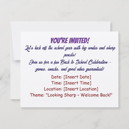 Back to School Bash – Looking Sharp Invitation 招待状 (裏面)