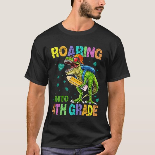 Back to School Dinosaur Rex Roaring Into 4th Grad Tシャツ (正面)