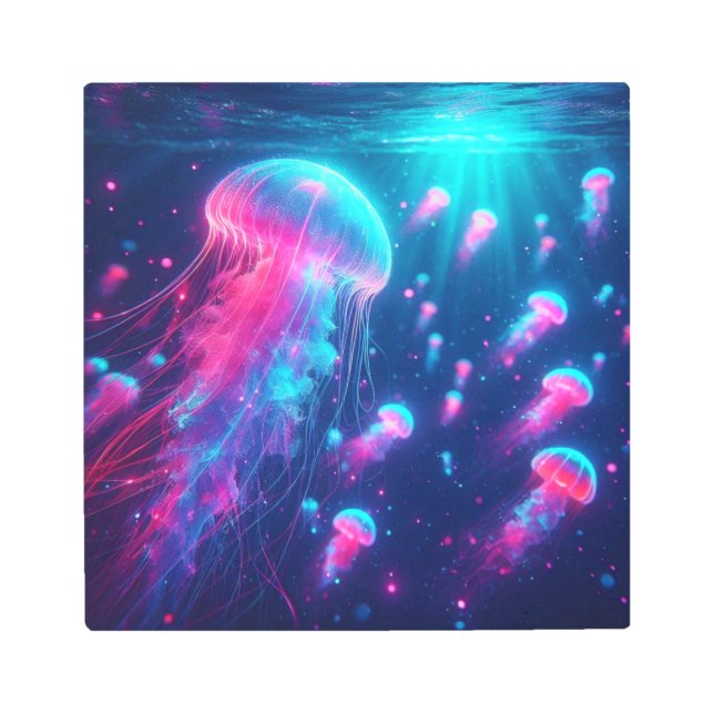 Back to School Ethereal Neon Jellyfish Glow メタルプリント (正面)