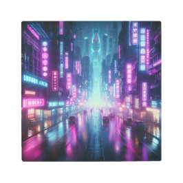 Back to School Futuristic Neon Cyber City Glow メタルプリント