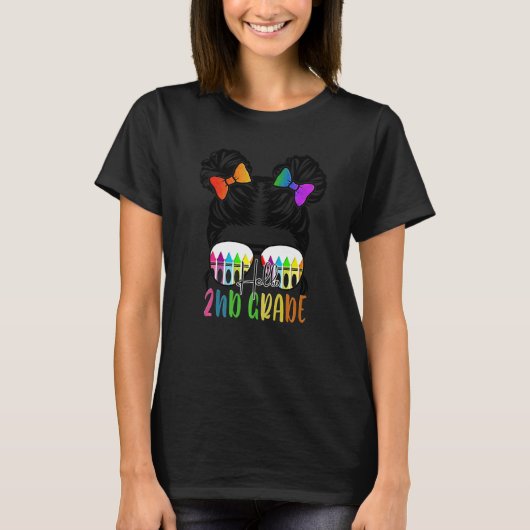 Back To School Hello 2nd Grade Second Messy Bun Te Tシャツ (正面)