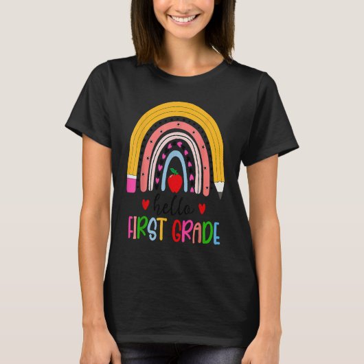 Back To School Hello First Grade Teacher Rainbow T Tシャツ (正面)