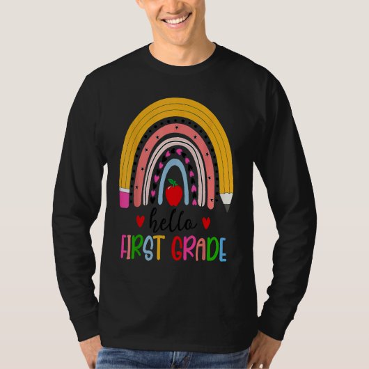 Back To School Hello First Grade Teacher Rainbow T Tシャツ (正面)