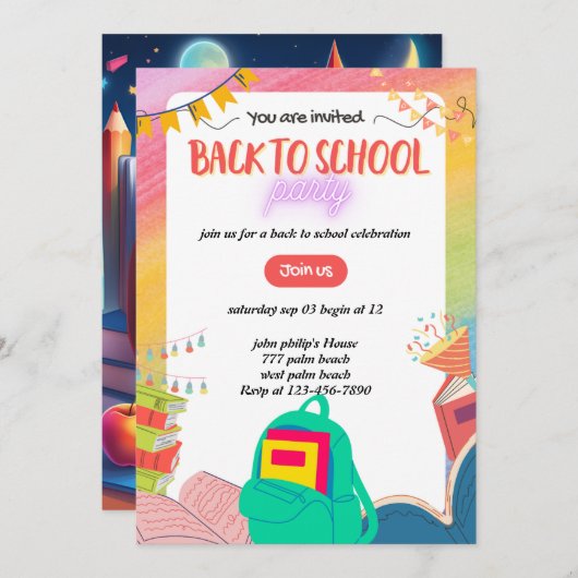 back-to-school party invitation  招待状 (正面/裏面)
