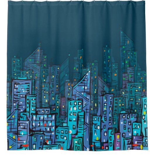 Background of night Cityscape. Hand drawn illustra シャワーカーテン (正面)