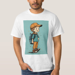 Backpacよくはしゃぐを持つ少年の漫画イラストレーション Tシャツ