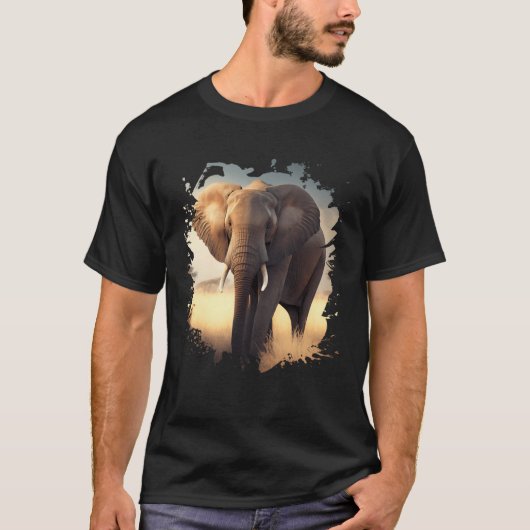 Backprint Lonely elephant in the African savanna Tシャツ (正面)
