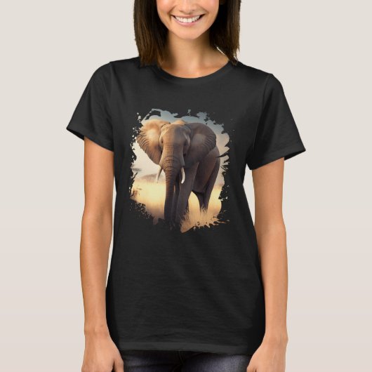 Backprint Lonely elephant in the African savanna Tシャツ (正面)