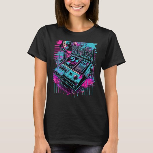 Backprint Retrowave DJテクノFuturesynth Synthwav Tシャツ (正面)