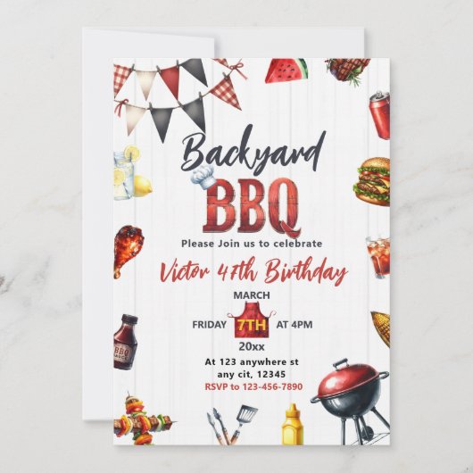 Backyard BBQ Barbecue Birthday Party 招待状 (正面)