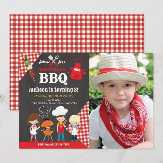 Backyard BBQ Birthday Party Photo 招待状 (正面/裏面)