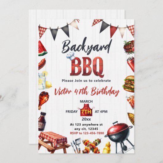 Backyard BBQ Party Barbecue Birthday 招待状 (正面/裏面)