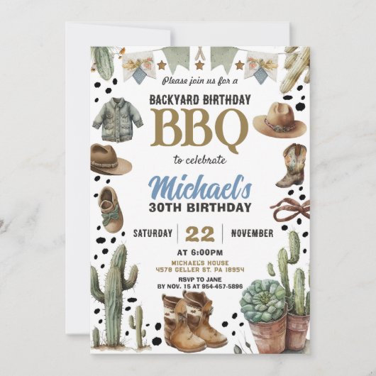 Backyard Cowboy BBQ Birthday Invitation Rustic BBQ 招待状 (正面)