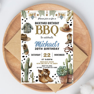 Backyard Cowboy BBQ Birthday Invitation Rustic BBQ 招待状