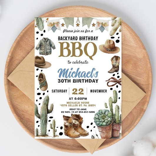 Backyard Cowboy BBQ Birthday Invitation Rustic BBQ 招待状