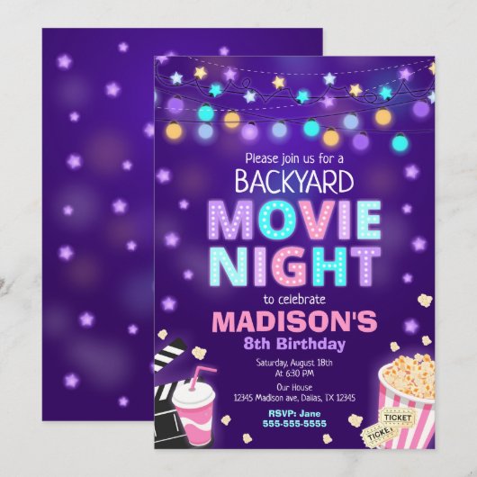 Backyard Movie Night Birthday Invitation 招待状 (正面/裏面)
