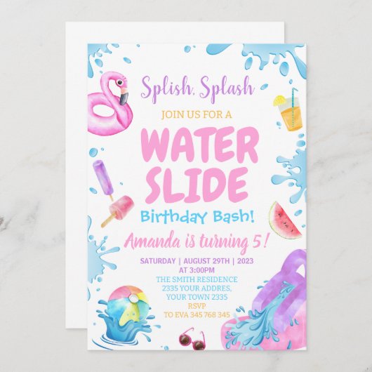 Backyard Water Slide Splash Birthday Party 招待状 (正面/裏面)