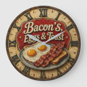 Bacon Eggs & Toast Farmhouse Breakfast Kitchen ラージ壁時計 (正面)