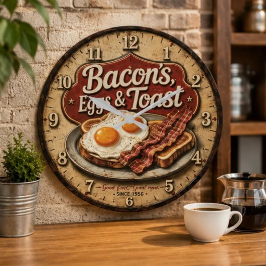 Bacon Eggs & Toast Farmhouse Breakfast Kitchen ラージ壁時計