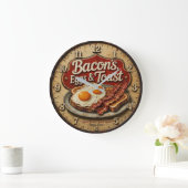 Bacon Eggs & Toast Rustic Farmhouse Kitchen ラージ壁時計 (ホーム)